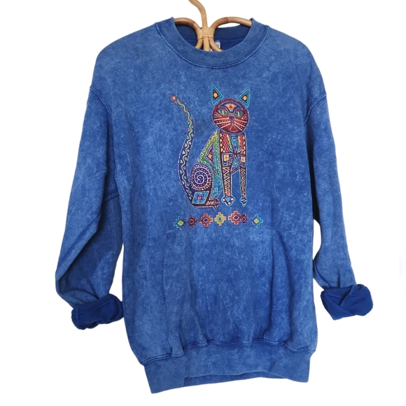 Sweaters - Vintage 90s Blue tiedye abstract cat sweater